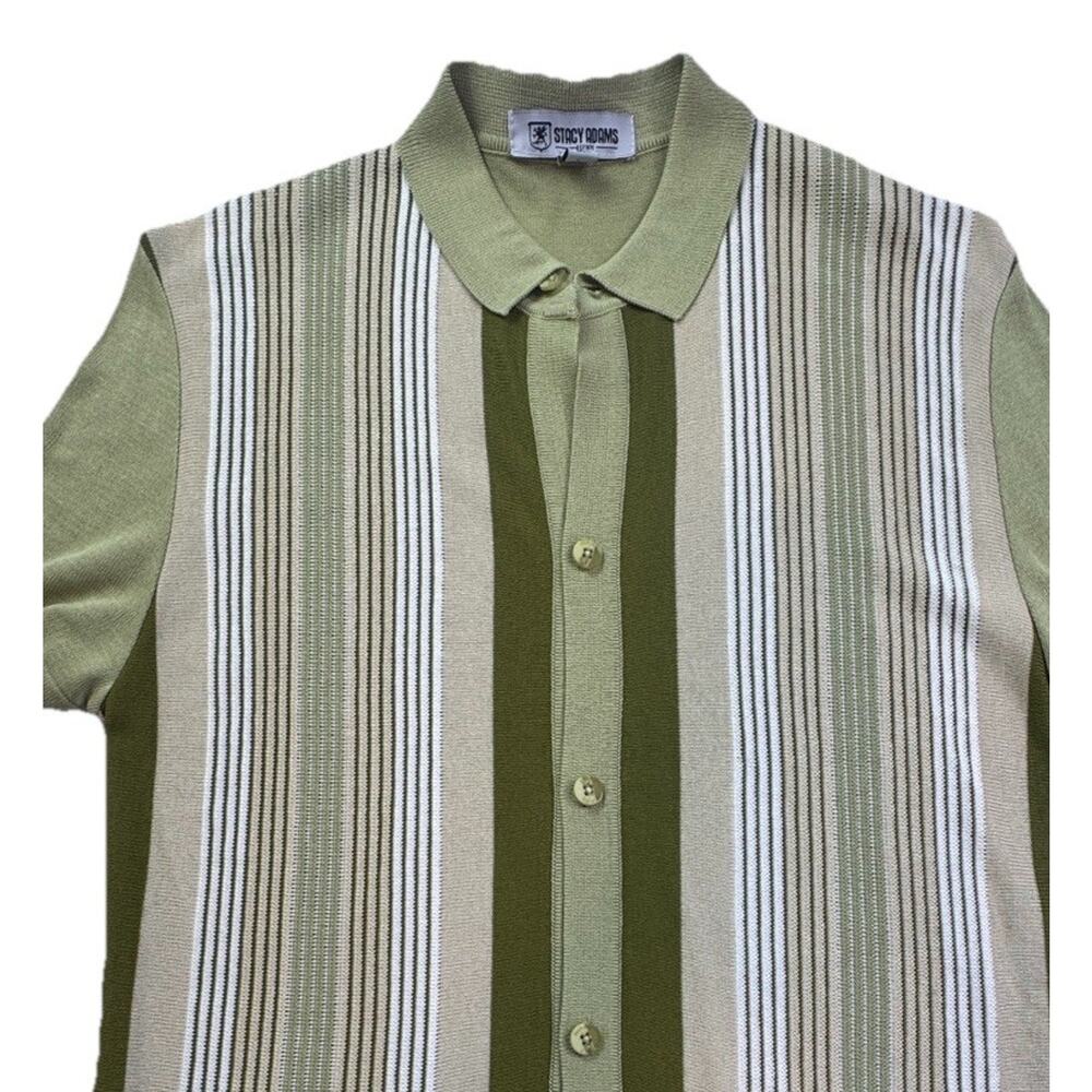 Stacy Adams Shirt Mens Medium green Striped Italian Knit Short Sleeve Button-Up